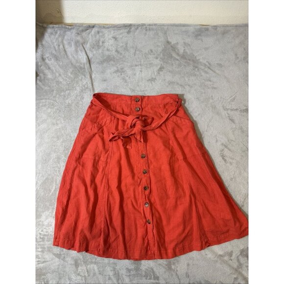 Anthropologie Dresses & Skirts - Maeve Anthropologie Linen Blend Button Front Paperbag Midi Skirt 8 Orange